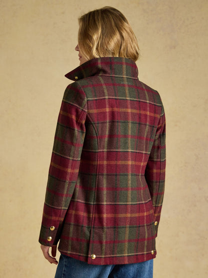 Joules women's red check wool blend classic field coat with tailored fit and heritage style.