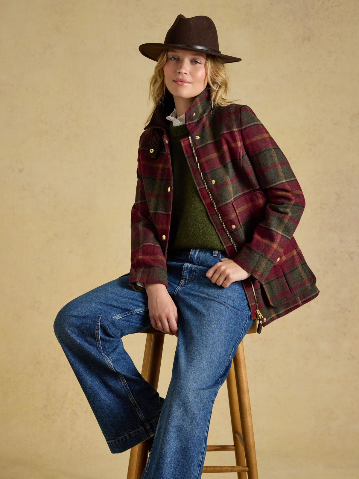 Joules women's red check field coat: tailored wool blend tweed jacket for warmth and style.