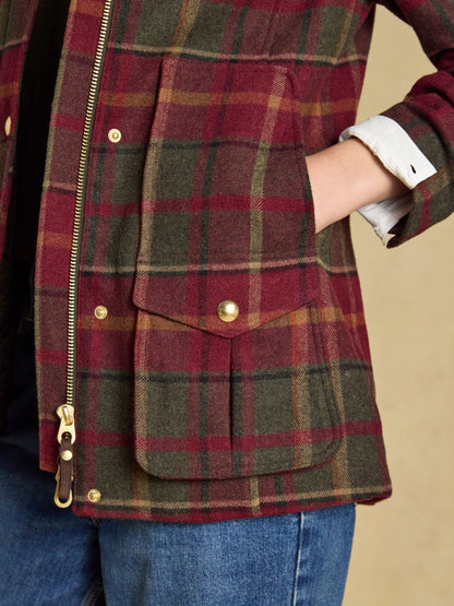 Joules women's red check wool-blend fieldcoat - heritage style jacket with flap pockets.