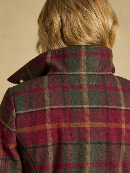 Joules women's red check tweed fieldcoat with stand collar and signature embroidery. Heritage style outerwear.