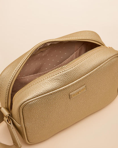 JOULES Trent Cross Body Bag Gold: Faux Leather, adjustable strap, metal zip, internal pocket, fashion handbag