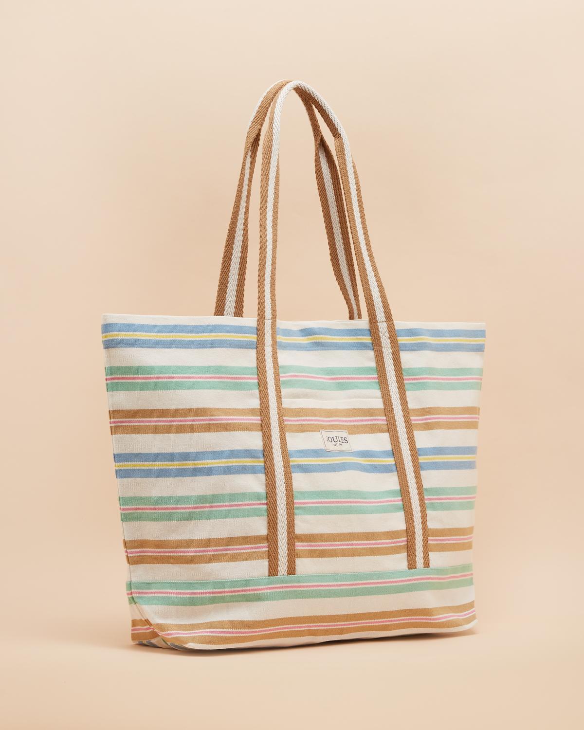Joules Promenade Canvas Beach Bag - Multi Stripe - Spacious Tote with Striped Handles and Front Pocket