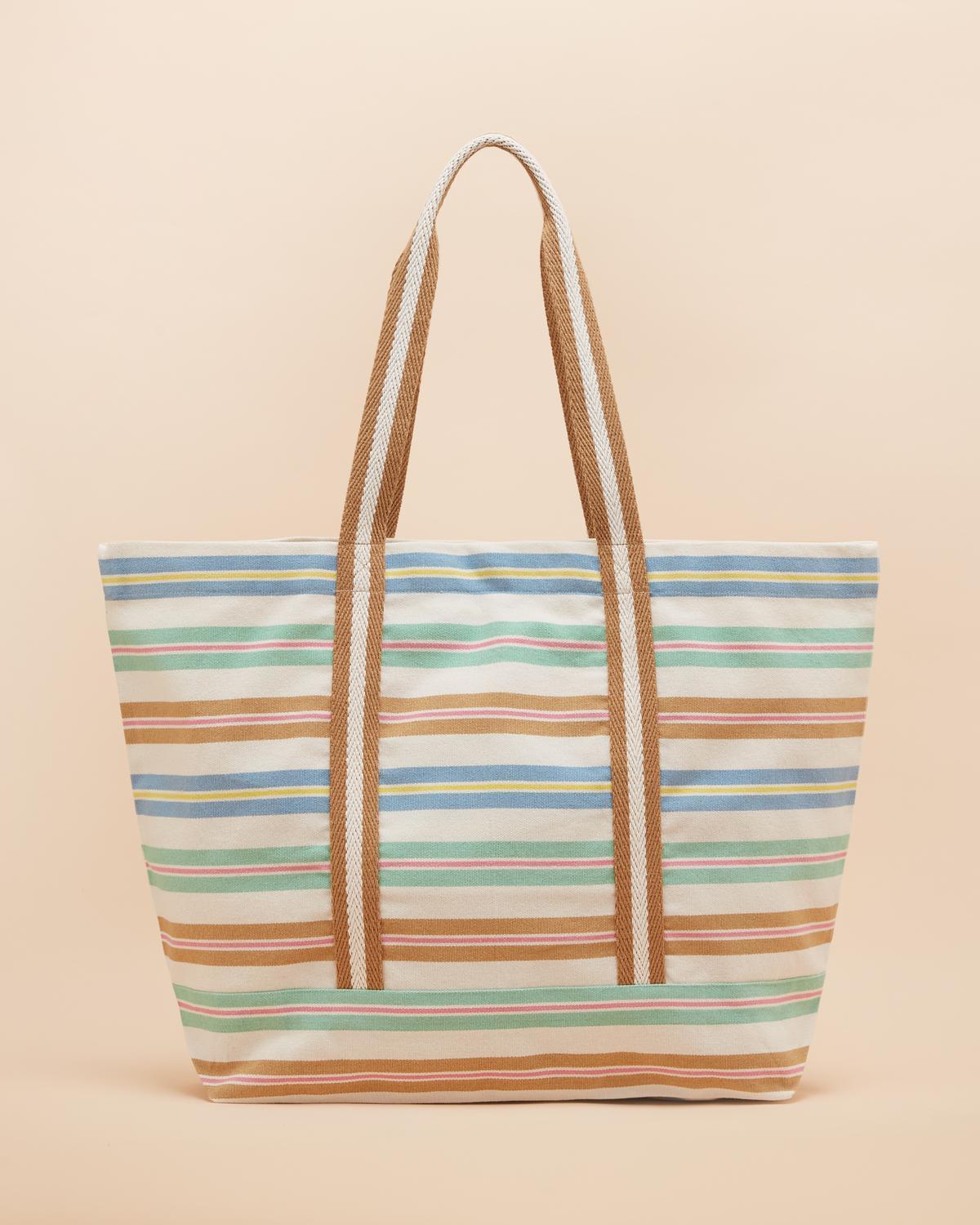 Joules Promenade Canvas Beach Bag - Multi Stripe Tote with Shoulder Straps & Pocket