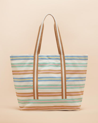 Joules Promenade Canvas Beach Bag - Multi Stripe Tote with Shoulder Straps & Pocket