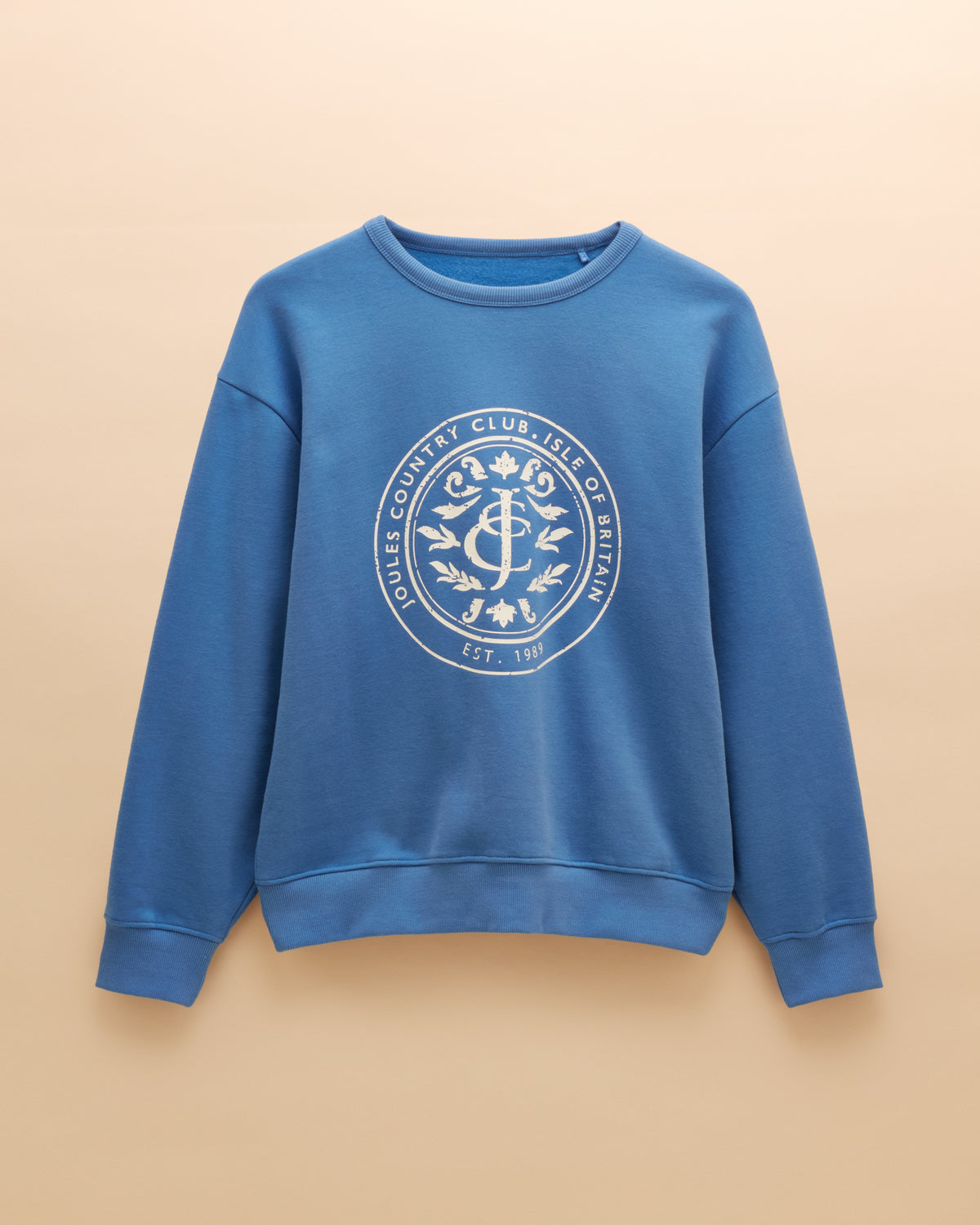 JOULES Blue Graphic Crew Neck Sweatshirt: Relaxed Fit Cotton Blend Jumper for Women. Shop Equiflair!