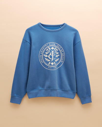 JOULES Blue Graphic Crew Neck Sweatshirt: Relaxed Fit Cotton Blend Jumper for Women. Shop Equiflair!