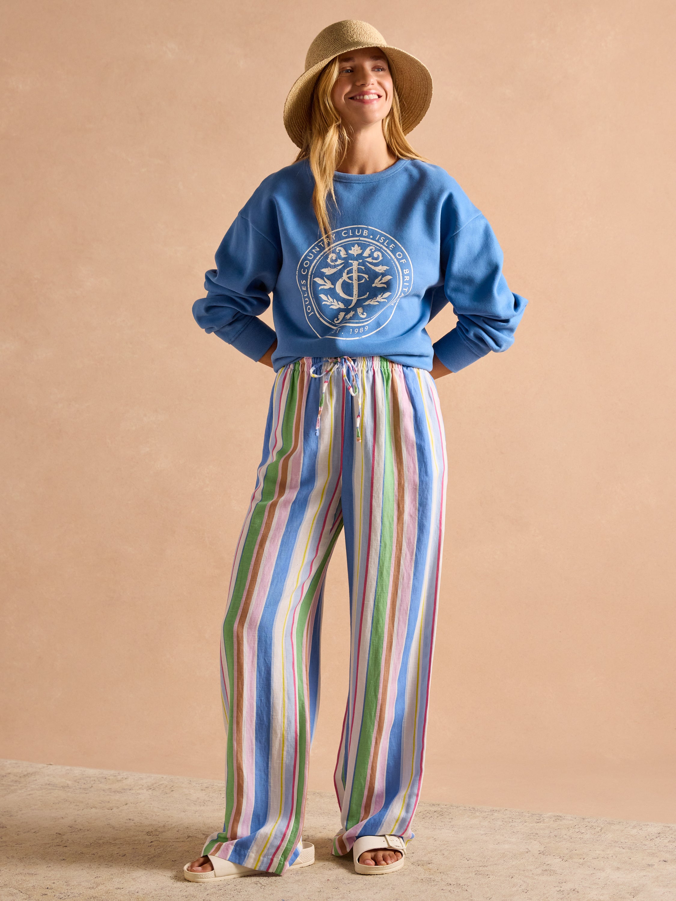 Joules Blue Graphic Sweatshirt, Striped Pants, Woman's Fashion. Equiflair.