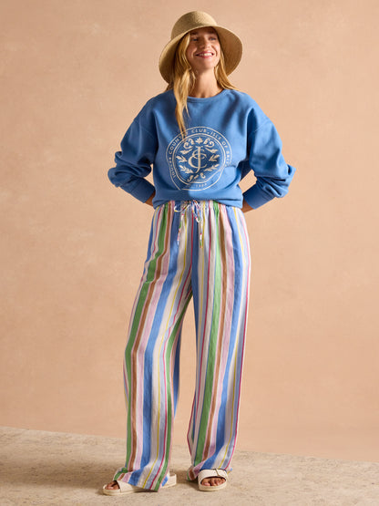 Joules Blue Graphic Sweatshirt, Striped Pants, Woman's Fashion. Equiflair.
