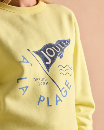 JOULES Graphic Crew Sweat Jumper Yellow: "La Plage Depuis 1989" beach theme sweatshirt