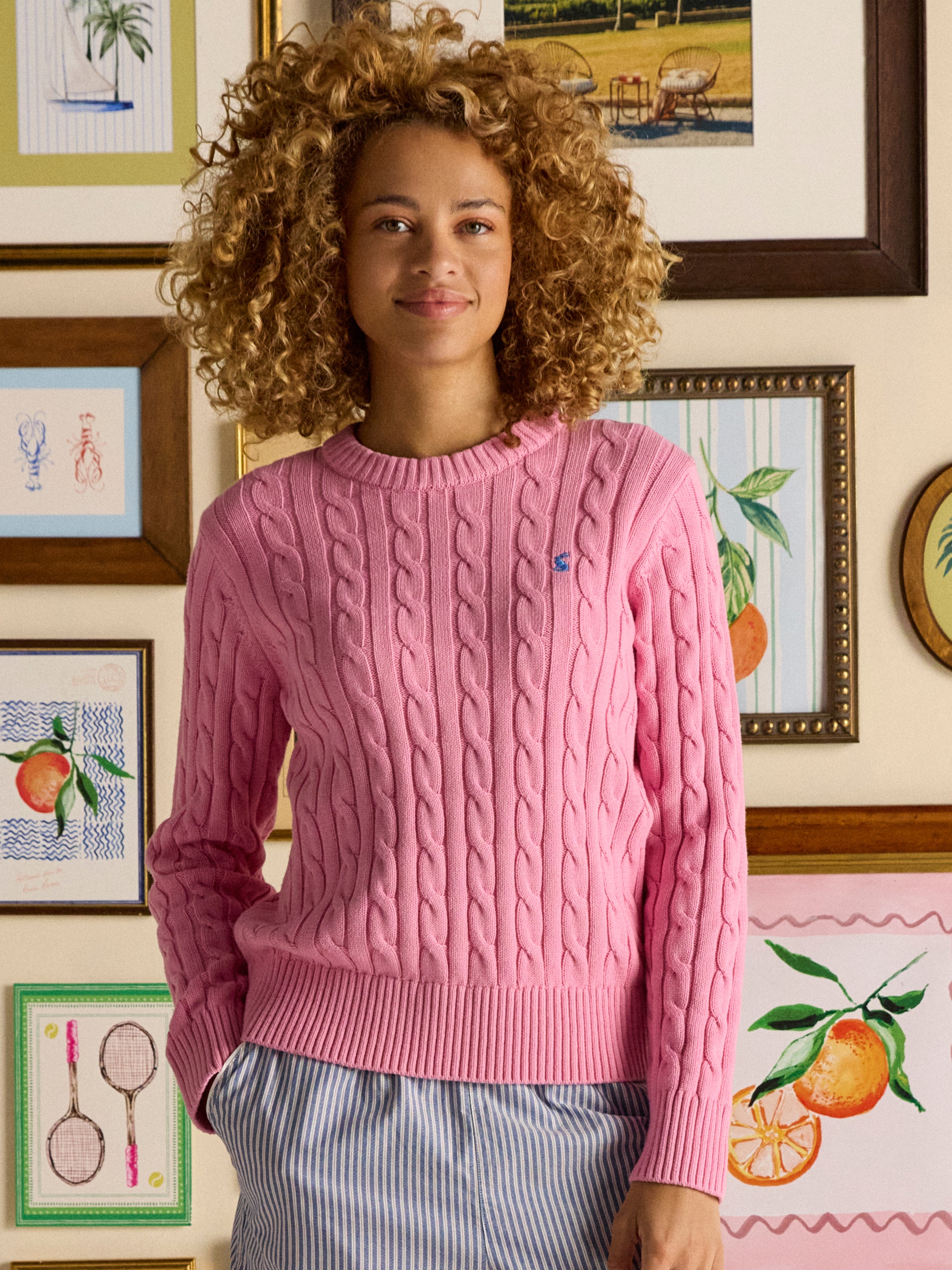 Joules Classic Cable Pink Cotton Jumper - Women's Crew Neck Knitwear from Equiflair
