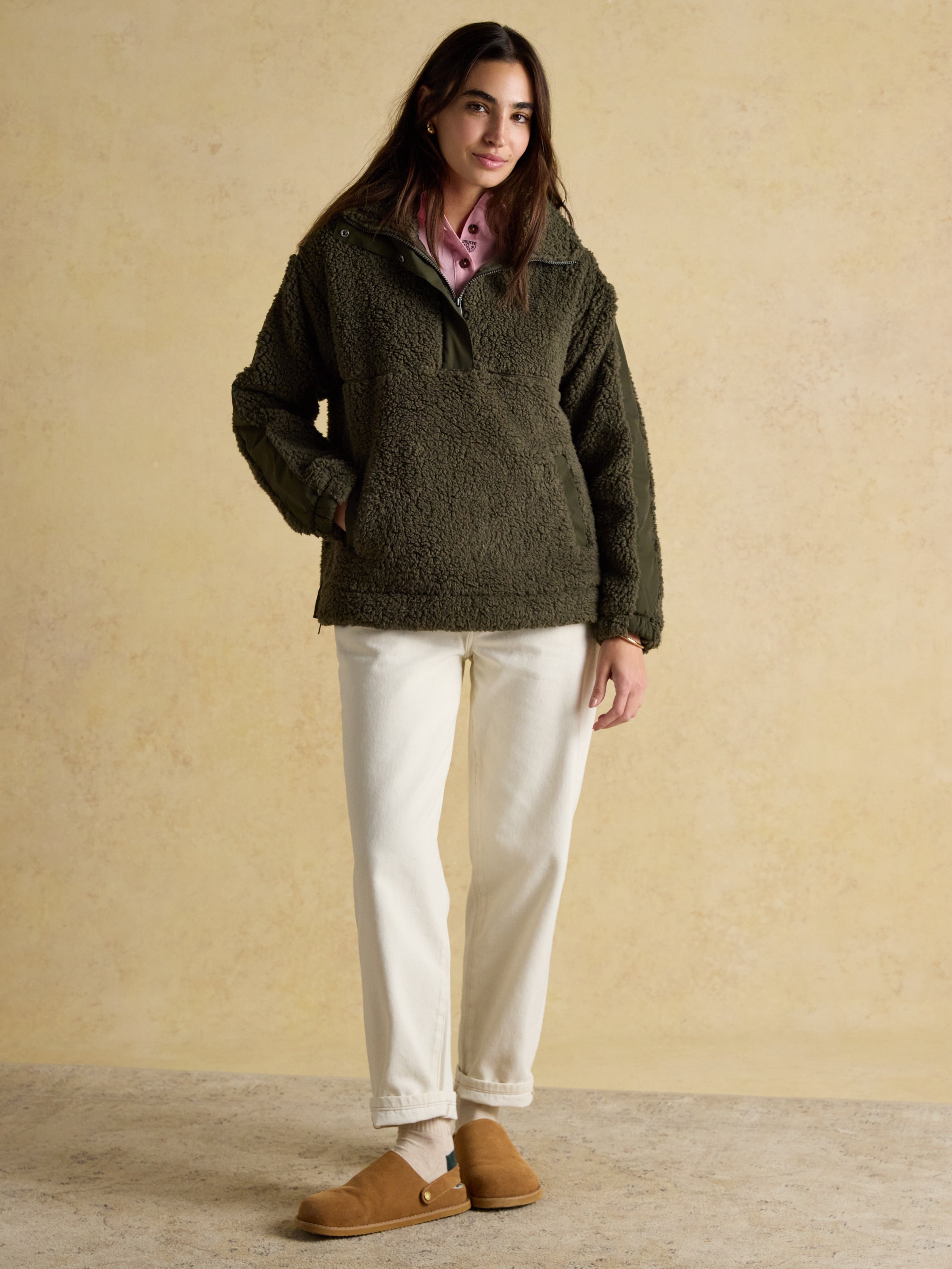 Joules Tilly Khaki Borg Fleece Jumper: Women's Quarter Zip Pullover, Oversized Fit, Recycled Polyester. Shop Equiflair!