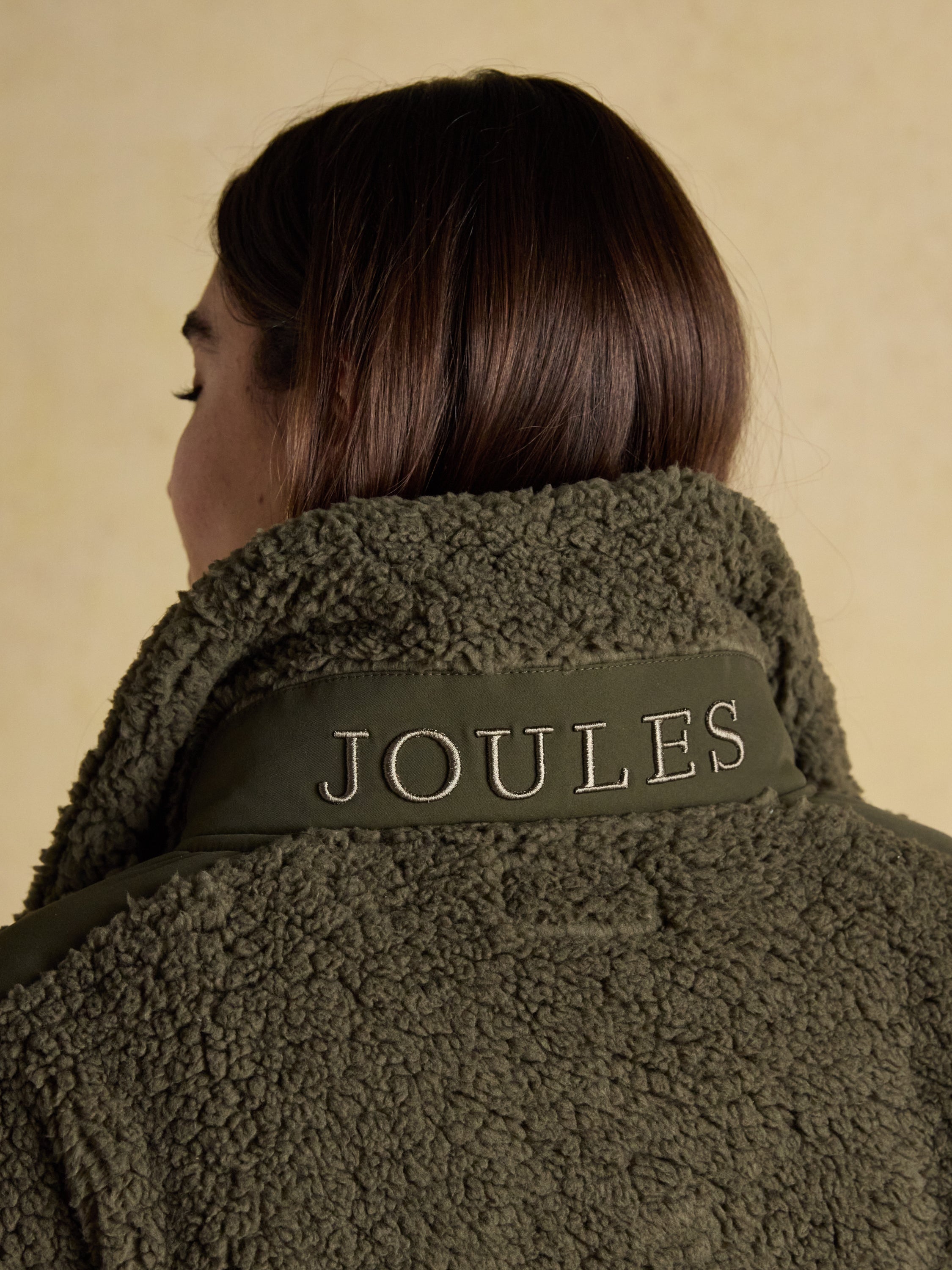 JOULES TILLY KHAKI QARTER ZIP FLEECE Back view. Women's Borg Fleece Pullover. Warm, Stylish.
