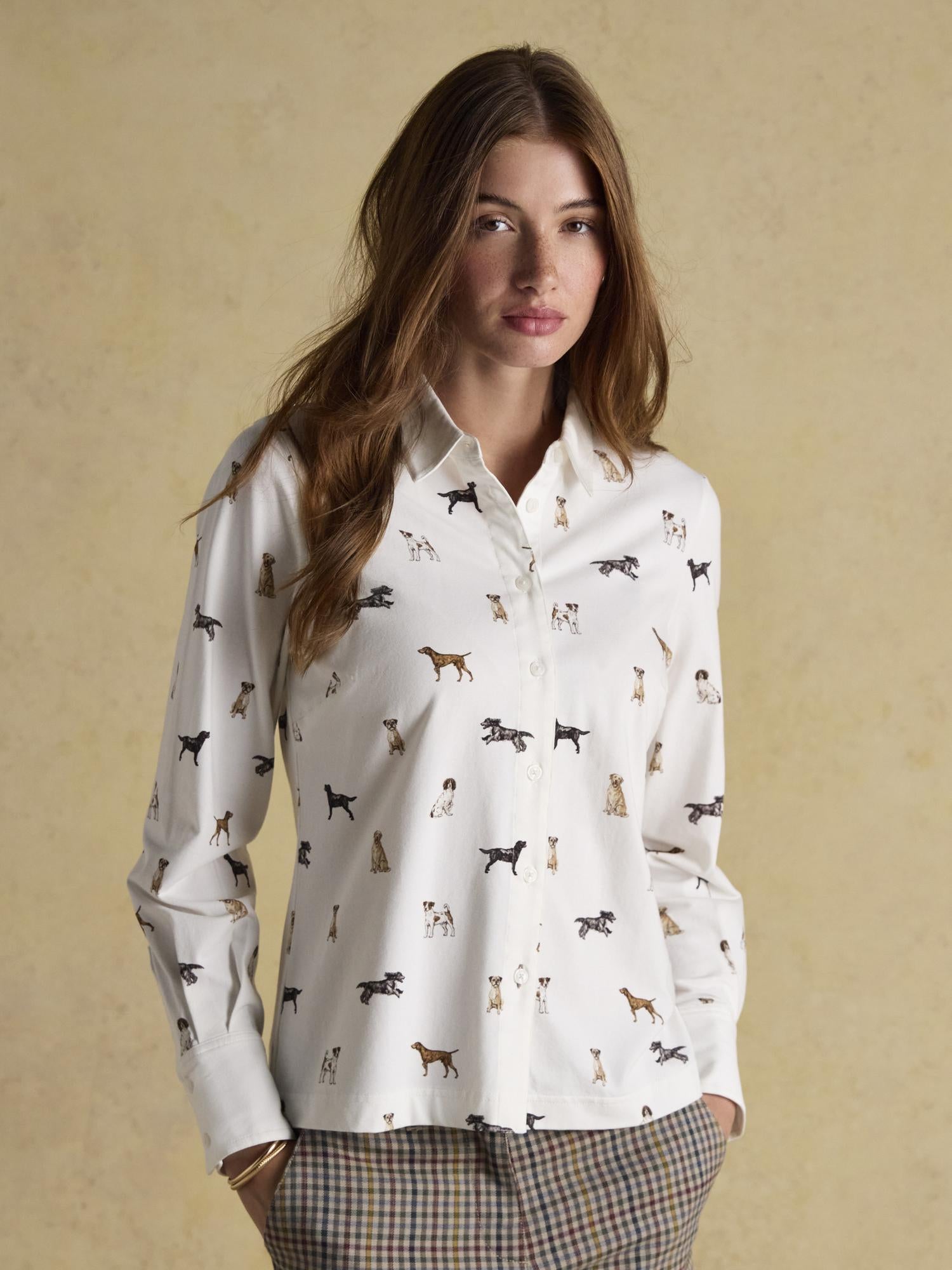 Joules x Eleanor Tomlinson Dog Print Shirt: Cream Jersey Shirt with Exclusive Dog Design