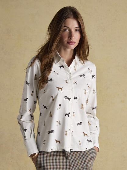 Joules x Eleanor Tomlinson Dog Print Shirt: Cream Jersey Shirt with Exclusive Dog Design