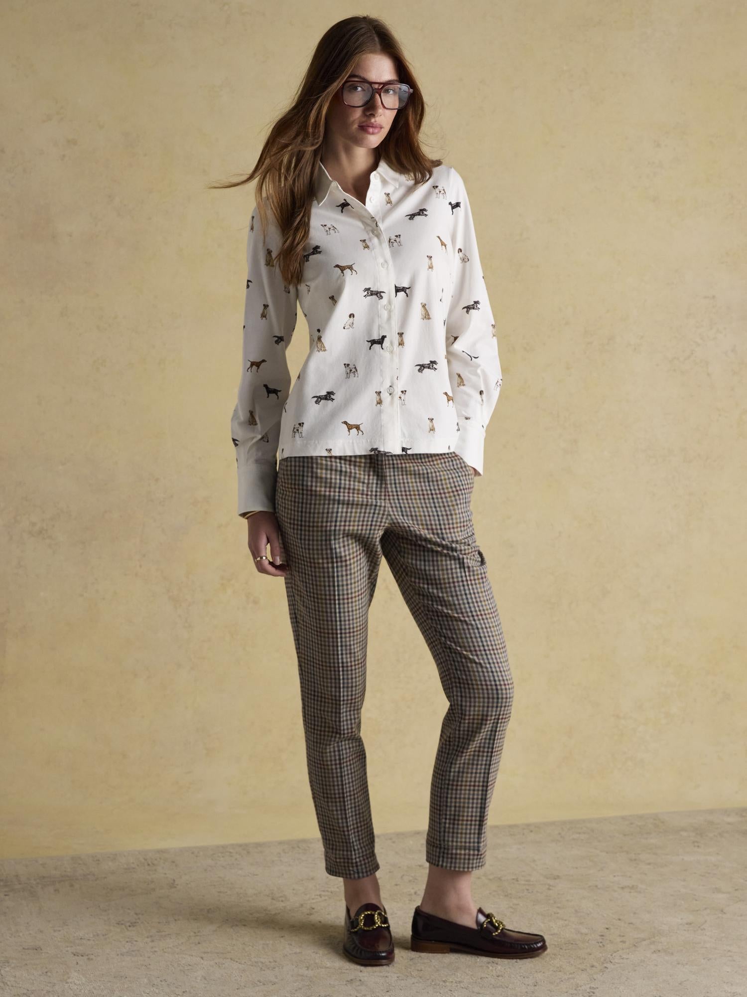 Joules x Eleanor Tomlinson Dog Print Shirt, Checked Trousers, Loafers. Equiflair Women's Fashion.