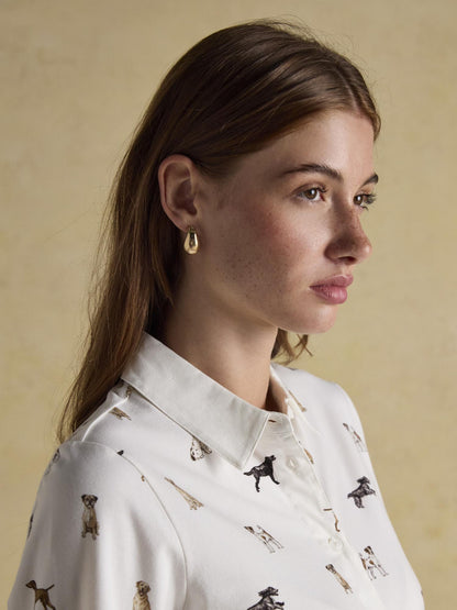 JOULES X Eleanor Tomlinson cream dog print jersey shirt. Designer button-down with cute canine pattern.