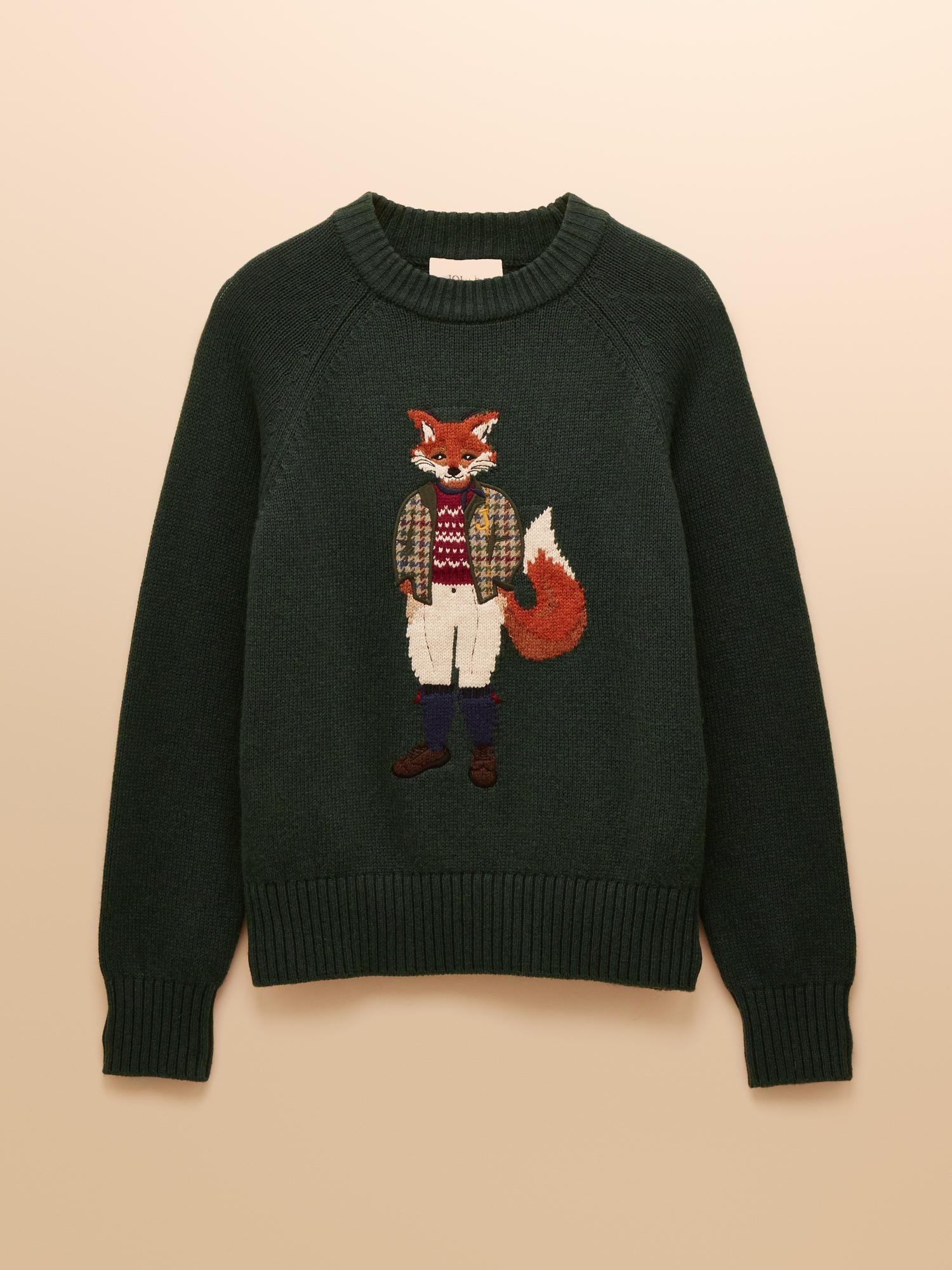 Joules Jonty Green Jumper with Fox Intarsia | Cotton Blend Crew Neck Long Sleeve Sweater for Fall, Autumn, or Winter Style