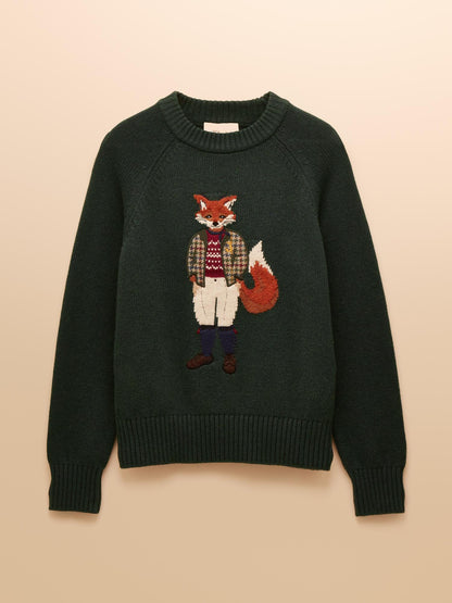 Joules Jonty Green Jumper with Fox Intarsia | Cotton Blend Crew Neck Long Sleeve Sweater for Fall, Autumn, or Winter Style