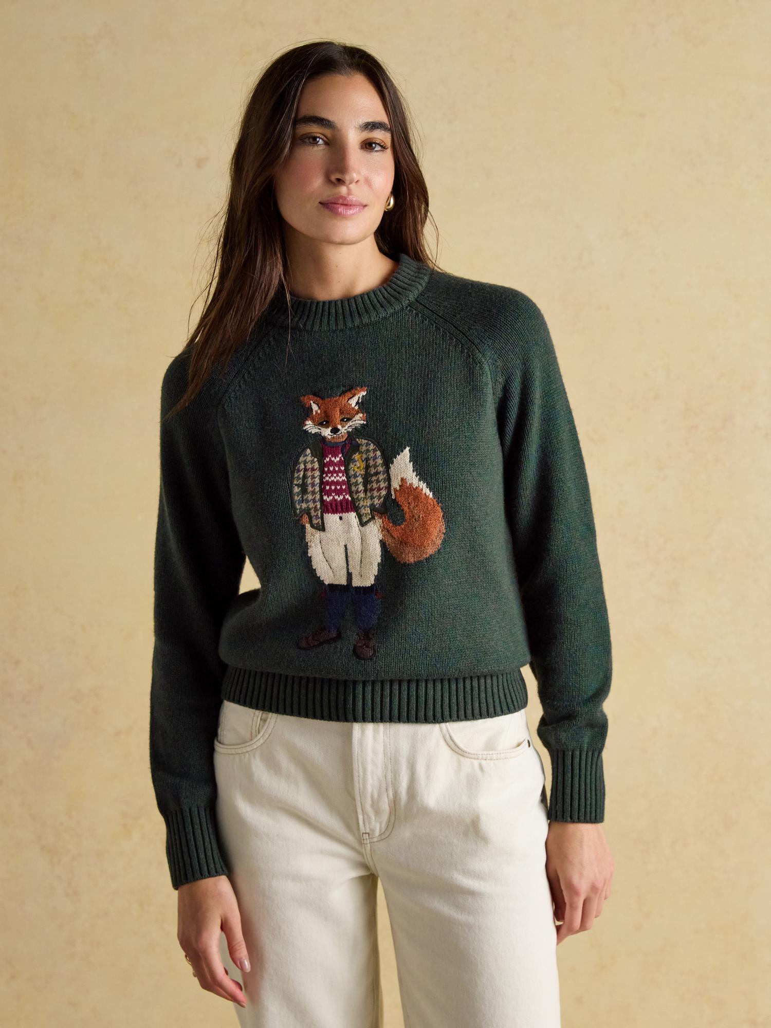 Joules Green Fox Jumper: Ladies' Cotton-Rich Crew Neck Sweater with Intarsia Design