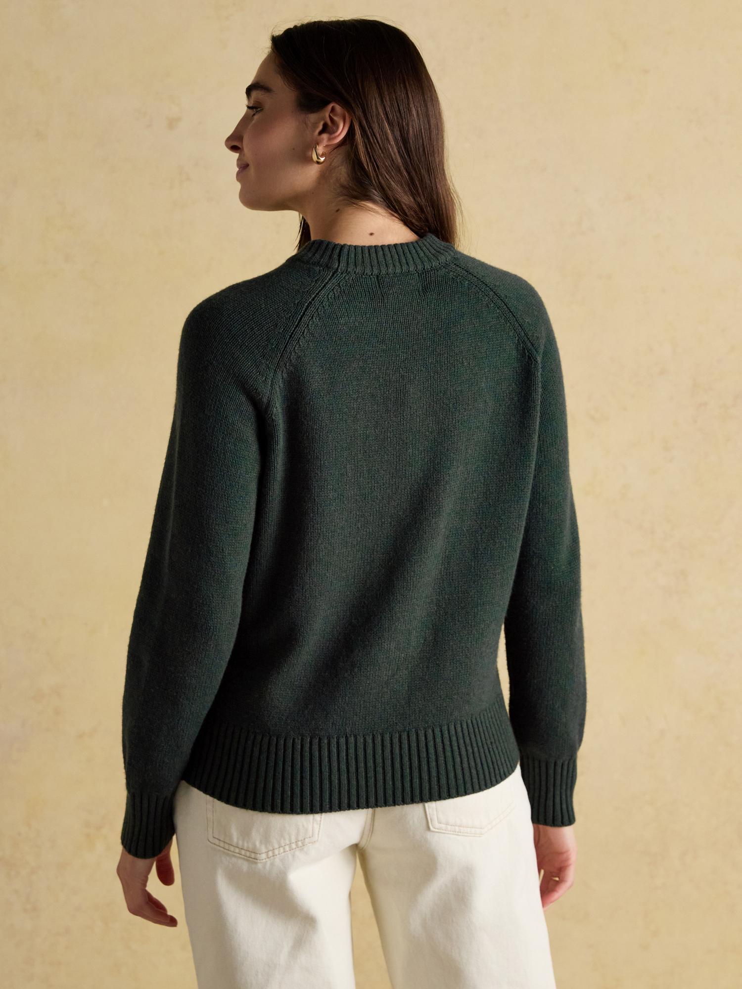 JOULES JONTY Green Crew Neck Jumper. Woman wearing dark green cotton-blend sweater. Long Sleeves.