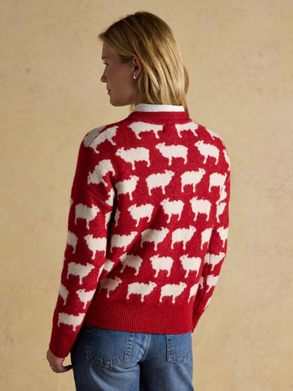Joules What the Flock Red Sheep Jumper: Women's Intarsia Wool Knitwear with Boucle Slogan. Perfect sweater for Fall!
