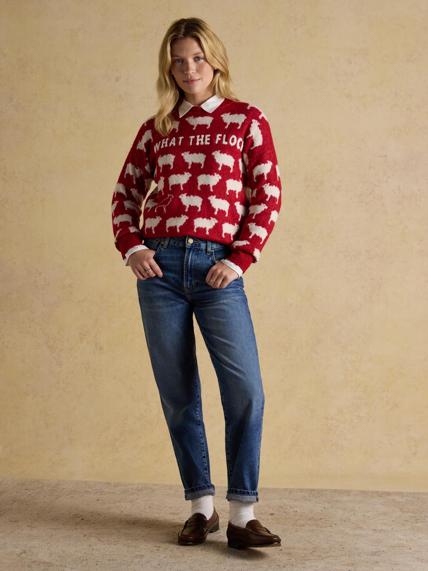 Joules 'What the Flock' Red Jumper - Women's Knit Sweater with Sheep Pattern