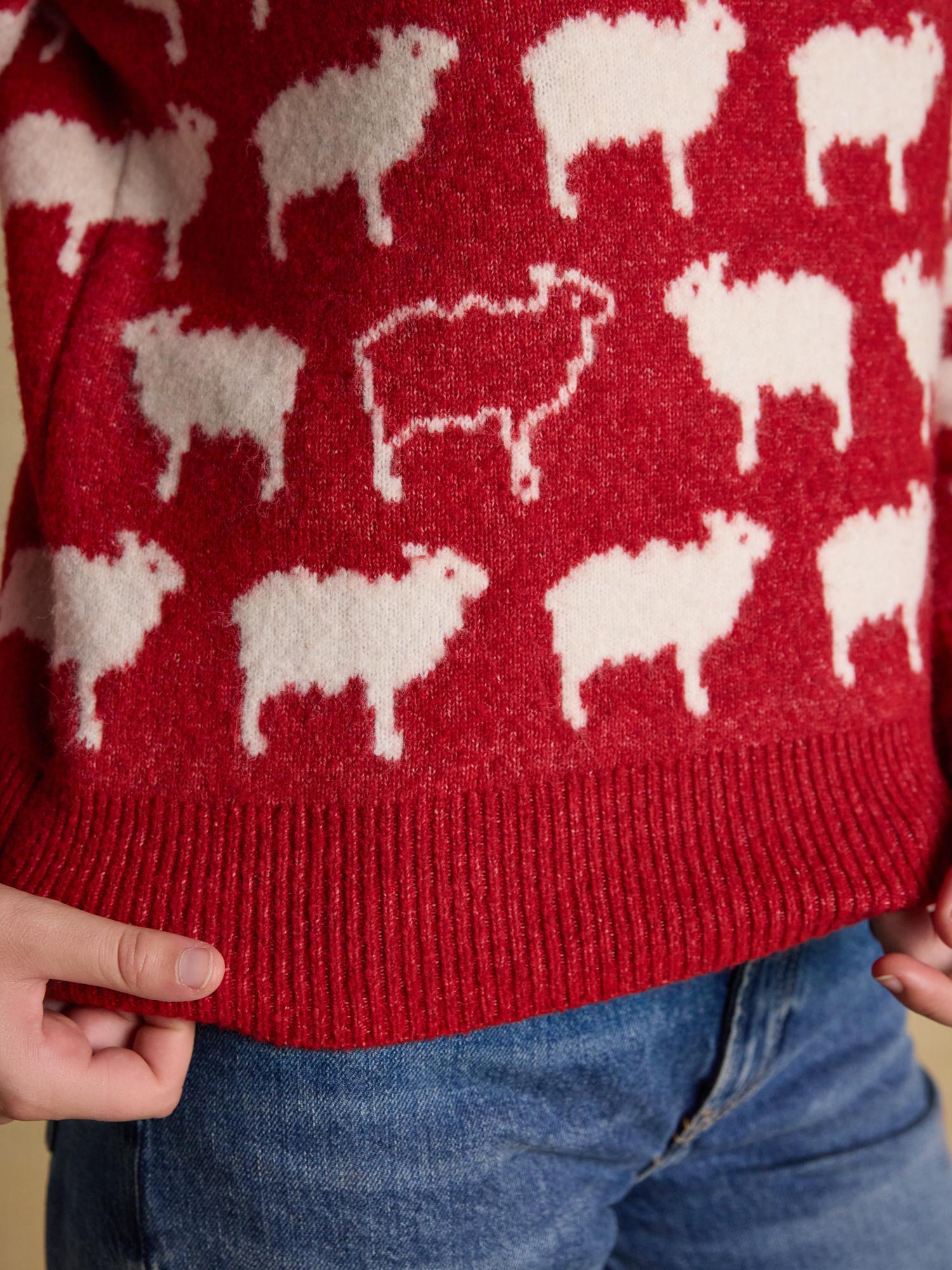 Joules Red Sheep Jumper. 'What the Flock' knitted jumper with white sheep pattern. Equiflair.