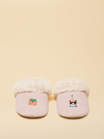 Equiflair: Pink Cat Slippers with Faux Fur. Embroidered Cat detail. Warm & Cozy House Slippers