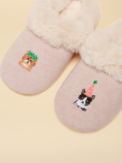 Joules Pink Slippers with Cat and Dog Embroidery | Cozy Faux Fur Lined Slippers