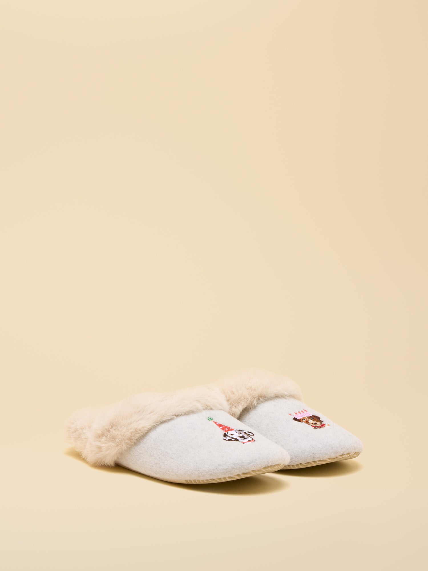 Joules Grey Dog Slippers: Cozy faux fur lined house shoes with adorable embroidered dog designs. Comfortable indoor footwear by Equiflair.