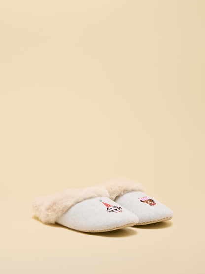 Joules Grey Dog Slippers: Cozy faux fur lined house shoes with adorable embroidered dog designs. Comfortable indoor footwear by Equiflair.