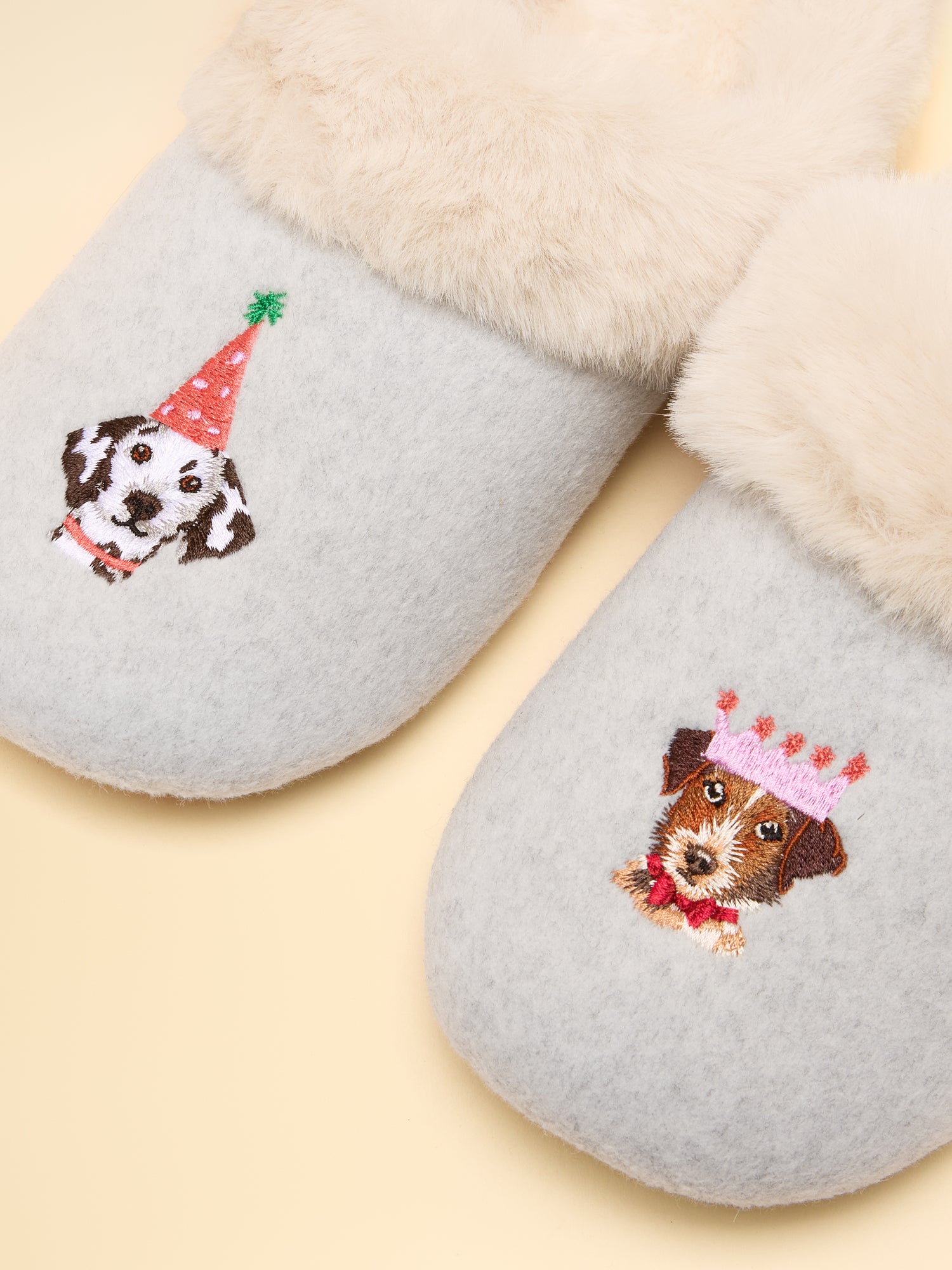 Joules Grey Dog Slippers: Dalmatian in Party Hat & Jack Russell with Crown. Comfy Plush Faux Fur Lined Slippers by Equiflair