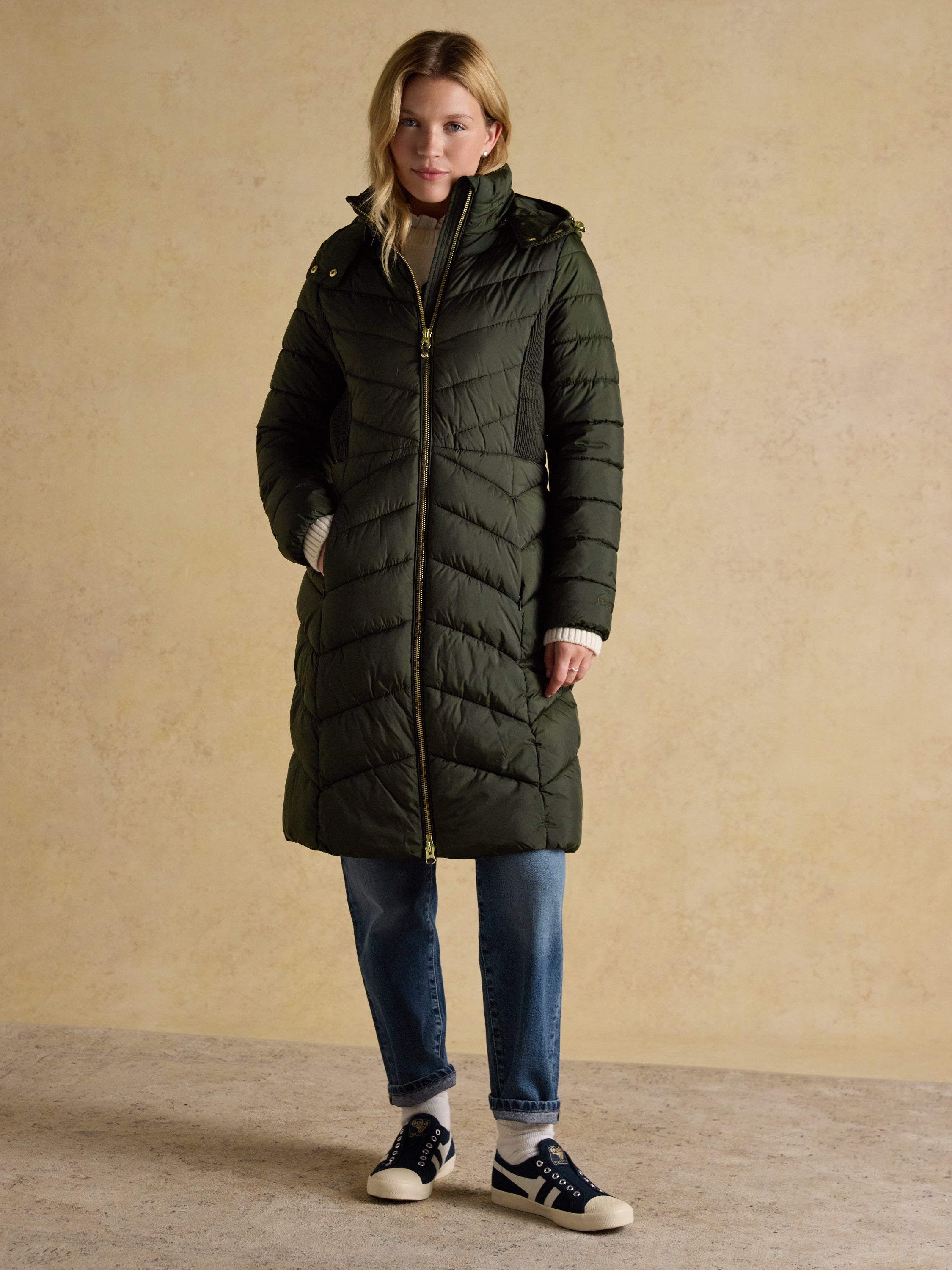 Joules Pembury Khaki Green Showerproof Longline Padded Coat with Hood
