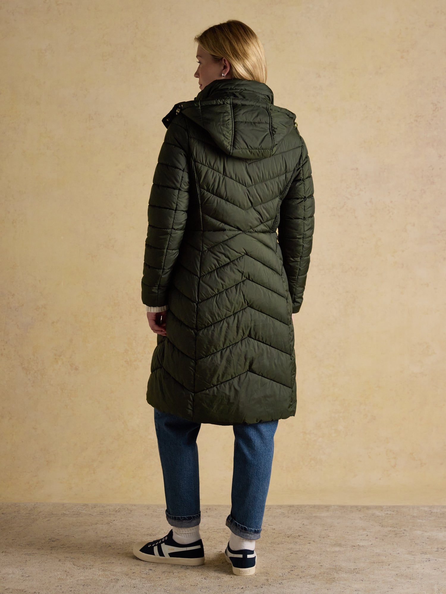 Joules Pembury Khaki Green Showerproof Longline Padded Coat with Hood