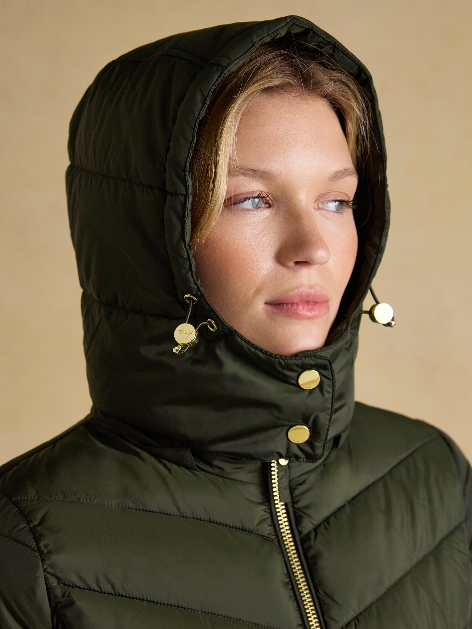 Joules Pembury Khaki Green Showerproof Longline Padded Coat with Hood