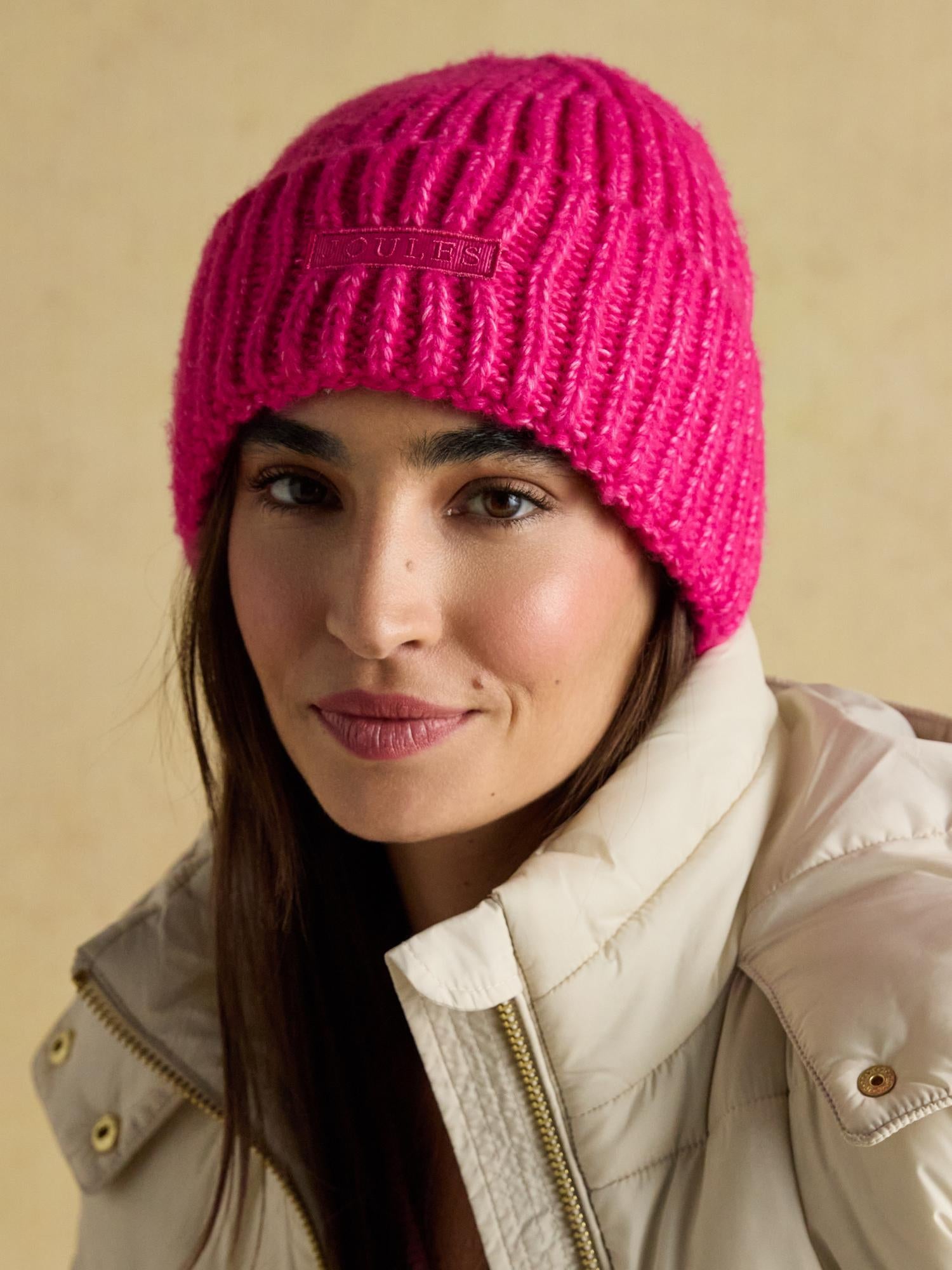 Joules Rosa Hot Pink Beanie: Woman wearing Ribbed Knit Winter Hat