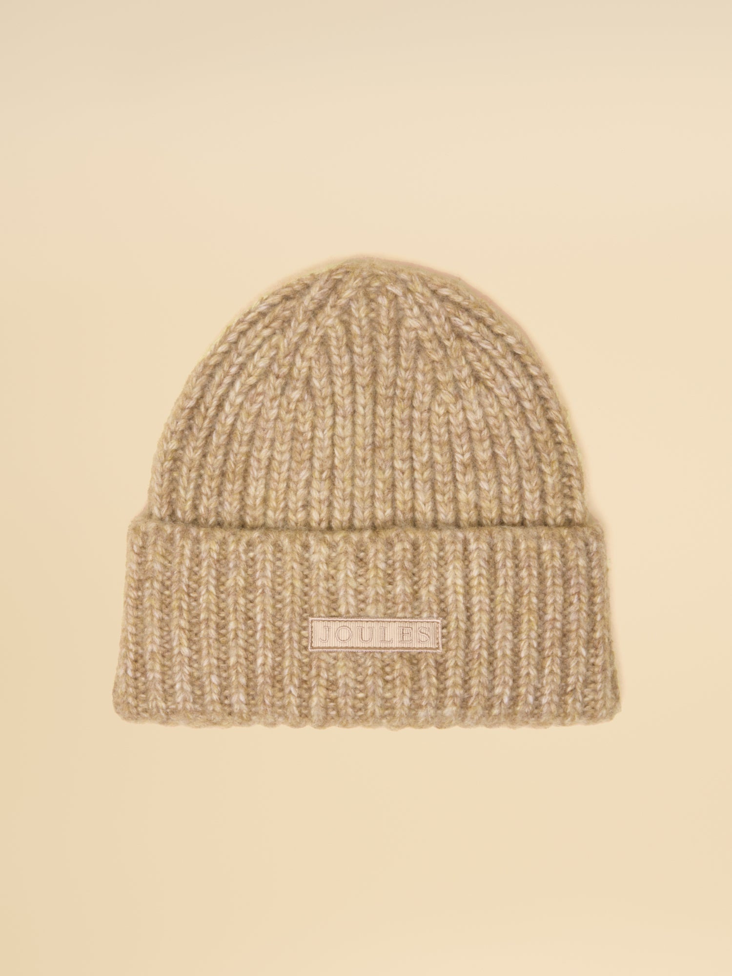 JOULES Rosa Beanie Oatmeal: Ribbed knit winter hat with turnback cuff & Joules logo.