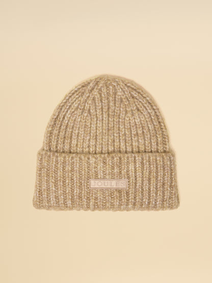 JOULES Rosa Beanie Oatmeal: Ribbed knit winter hat with turnback cuff & Joules logo.