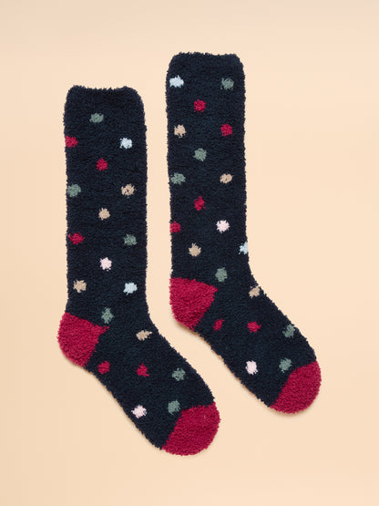 Joules Navy Spot Fluffy Socks: Cozy winter socks with red heel & toe detail, polka dot pattern. Soft and warm for ultimate comfort.