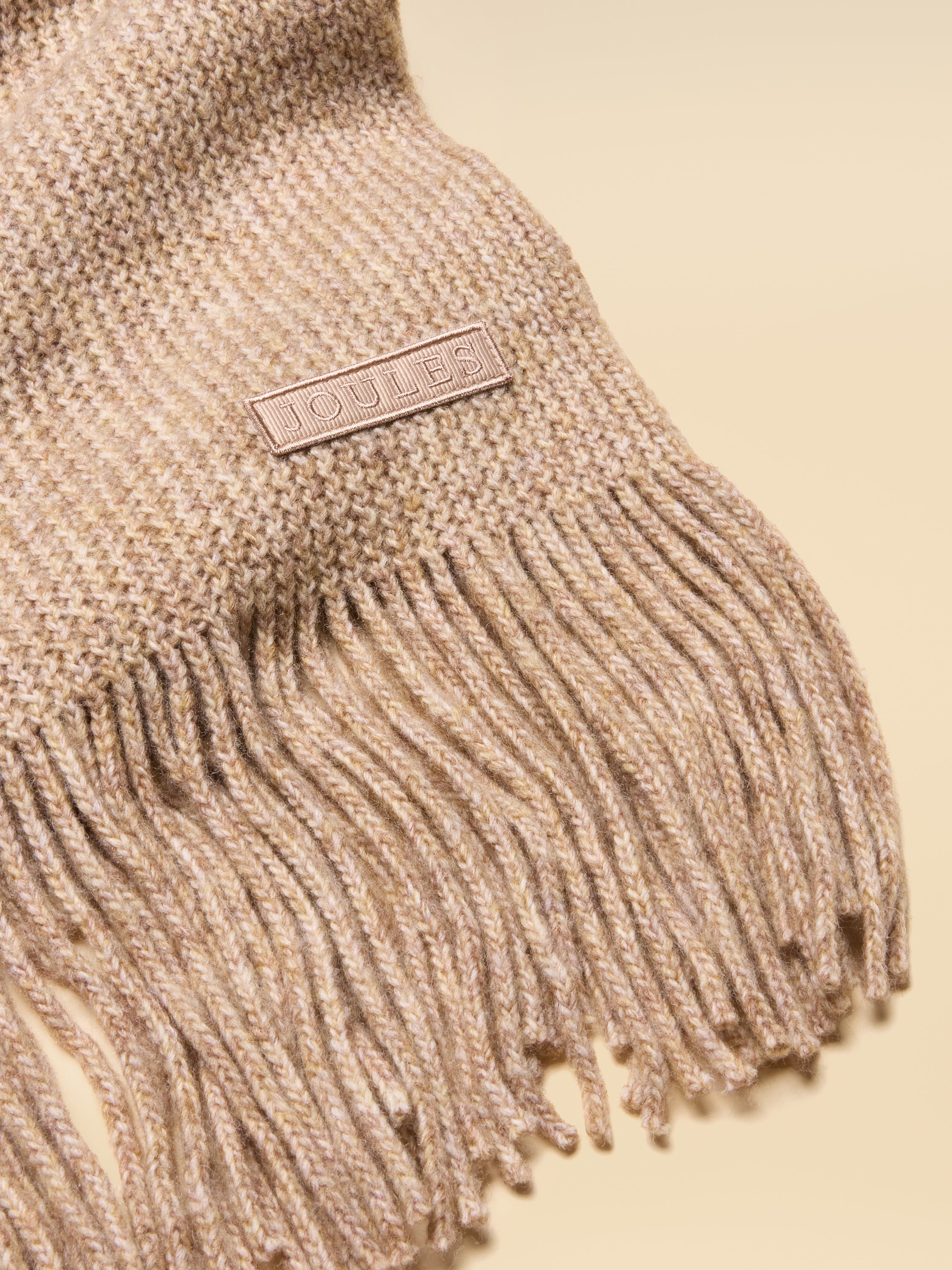 JOULES Rosa Oatmeal Knit Scarf with Fringed Edges & Logo Patch - Stylish Women's Scarf