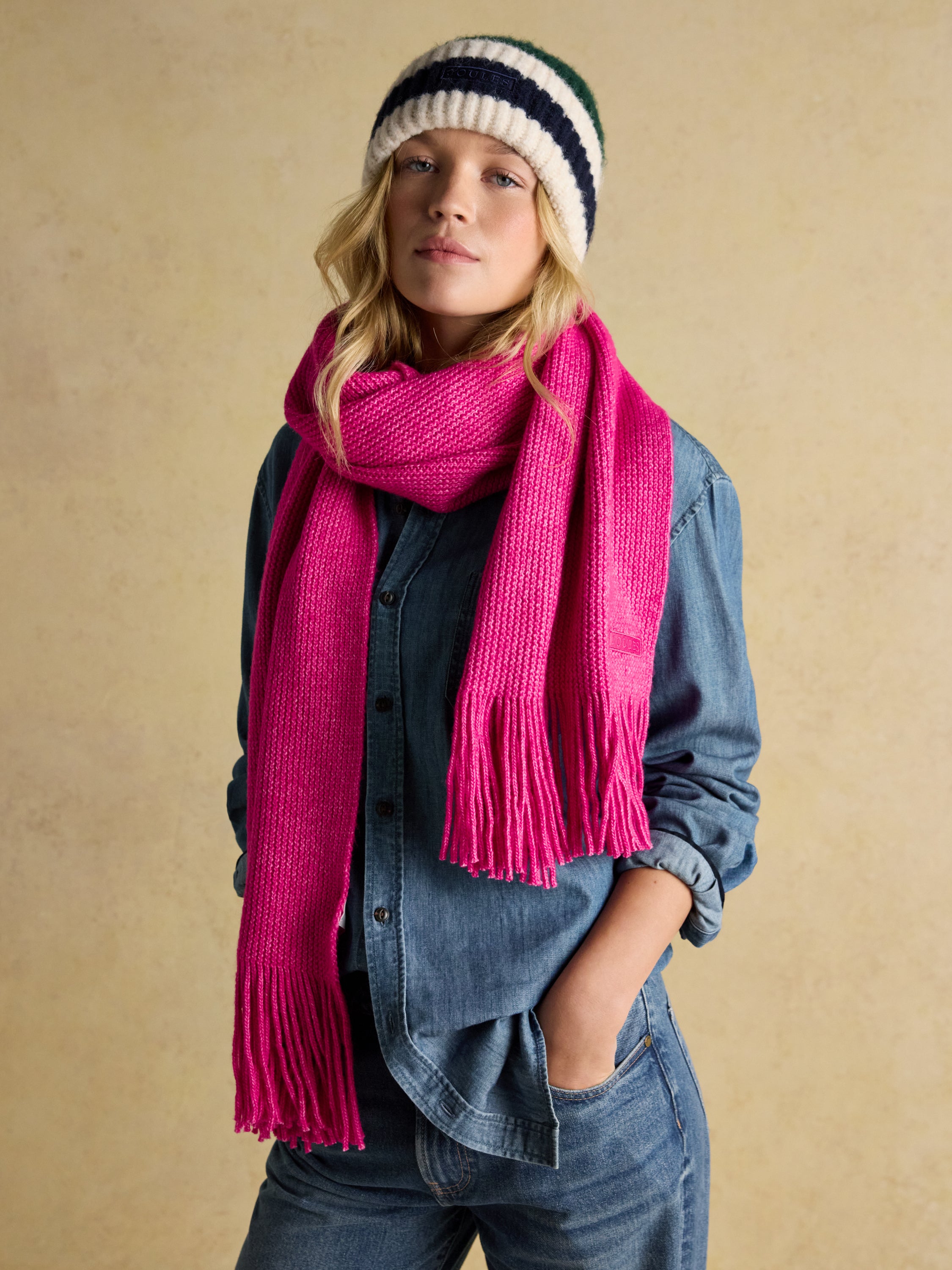 Joules Rosa Pink Knitted Scarf with Fringes - Woman Wearing Winter Accessories