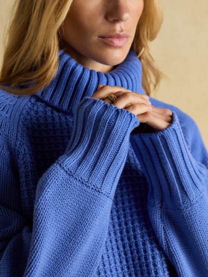 Joules Blue Knitted Jumper - Roll Neck Detachable Sweater with Ribbed Cuffs