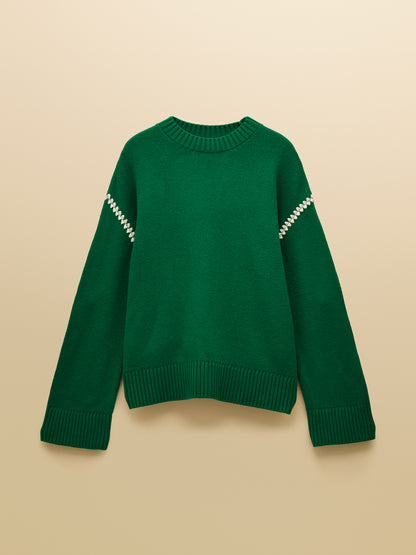 Joules Alexandra Green Blanket Stitch Jumper with Round Neck