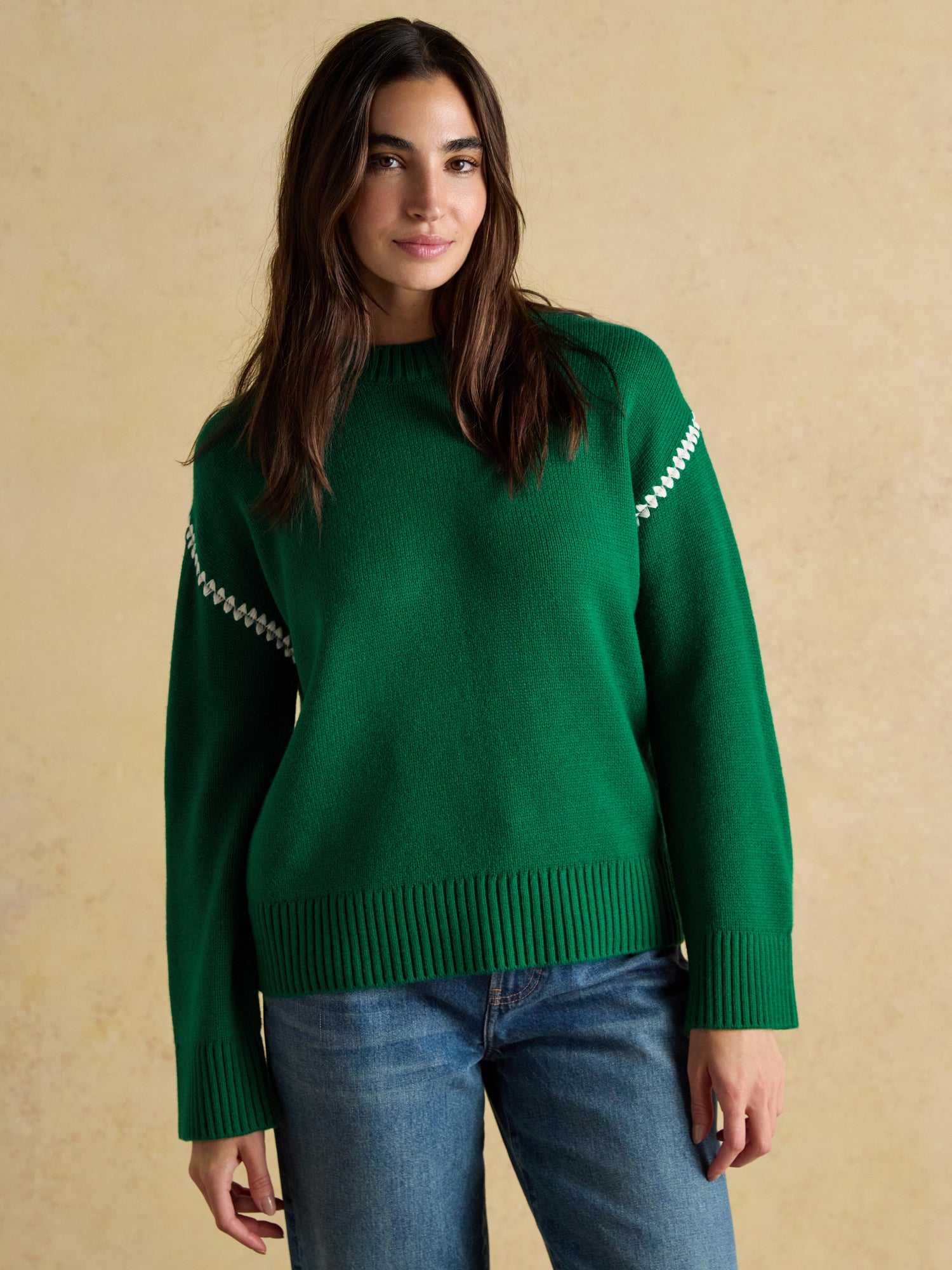 Joules Alexandra Green Blanket Stitch Jumper with Round Neck