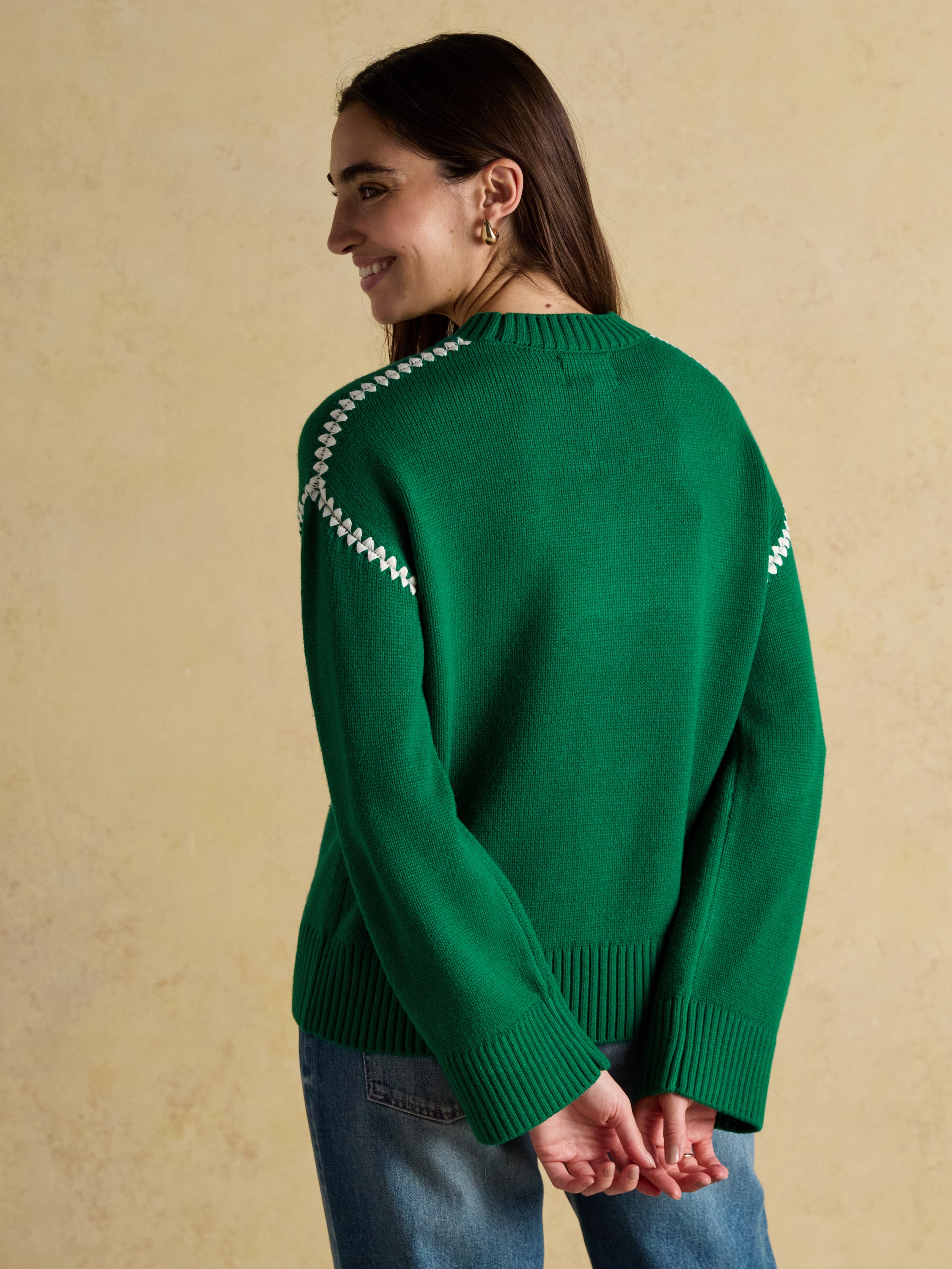 Joules Alexandra Green Blanket Stitch Jumper with Round Neck