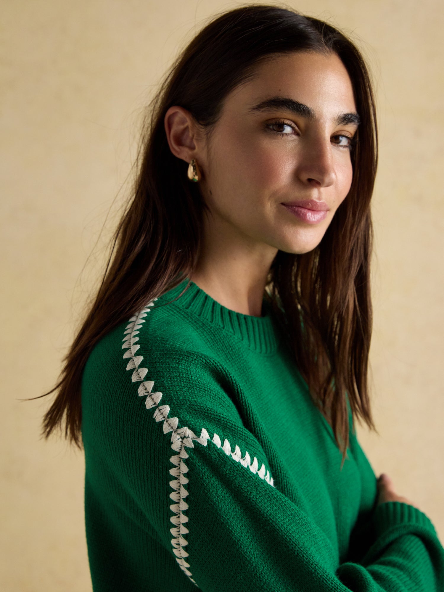 Joules Alexandra Green Blanket Stitch Jumper with Round Neck