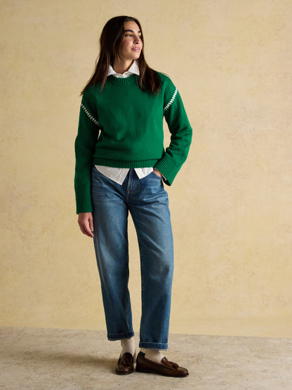 Joules Alexandra Green Blanket Stitch Jumper with Round Neck