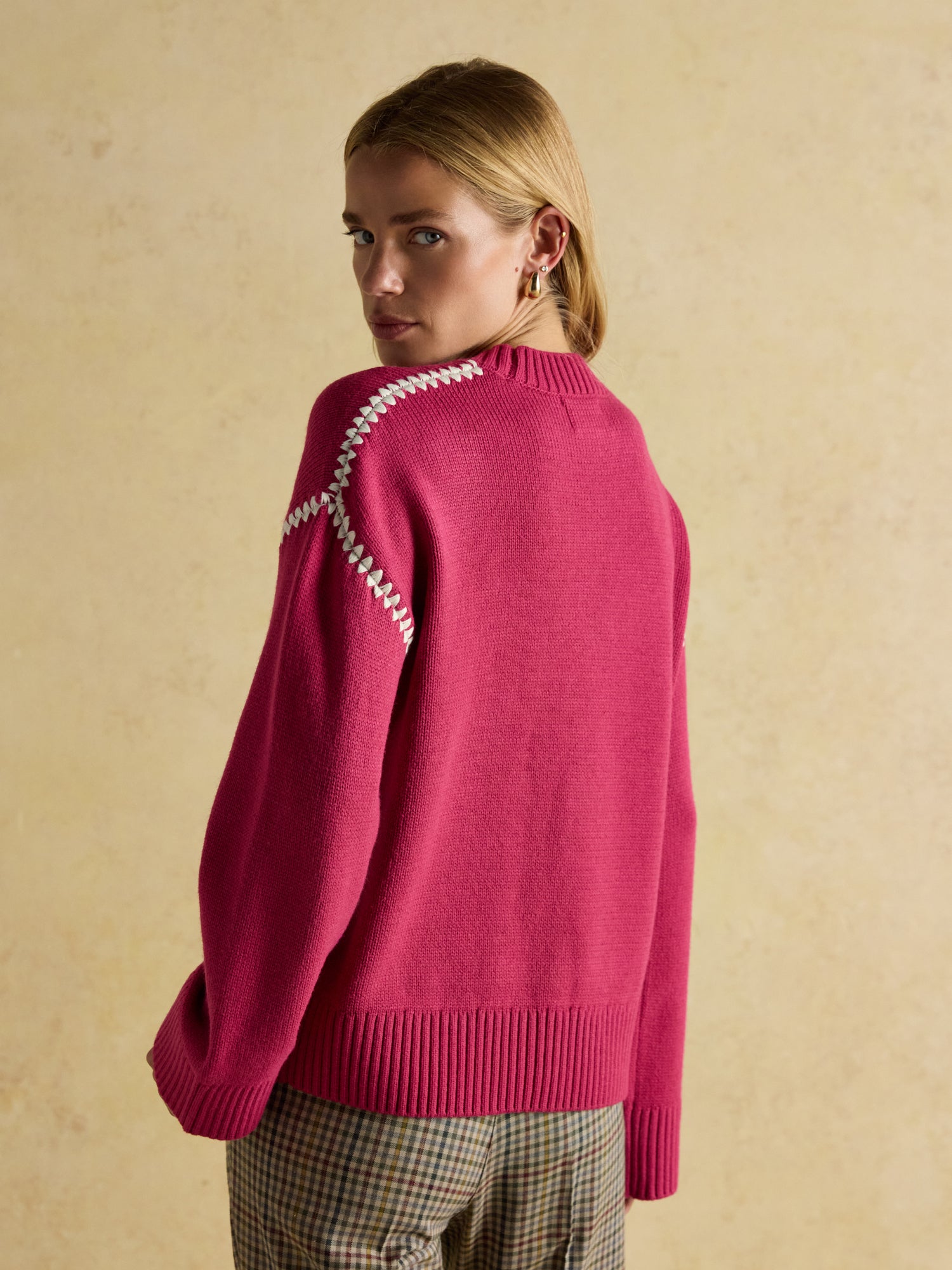 Joules Alexandra Pink Blanket Stitch Jumper with Round Neck
