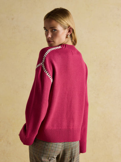 Joules Alexandra Pink Blanket Stitch Jumper with Round Neck