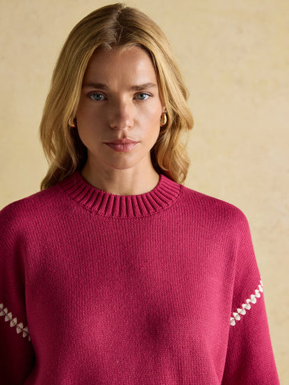 Joules Alexandra Pink Blanket Stitch Jumper with Round Neck